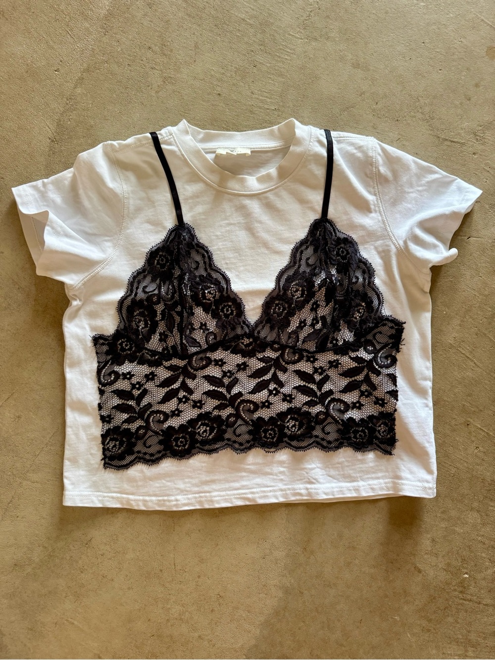 Redesigned White Crop Tee with Black Lace Overlay Bralette Detail - size M